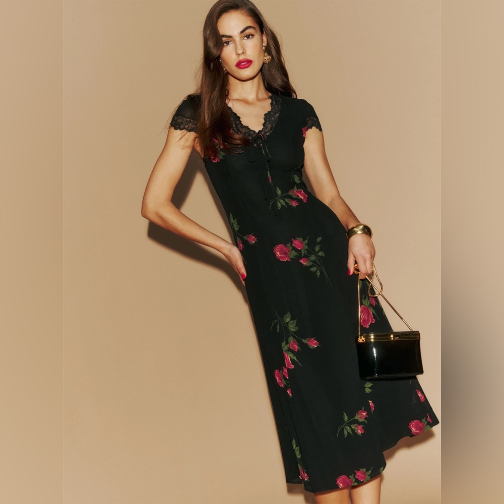 Reformation Black Floral Midi Dress